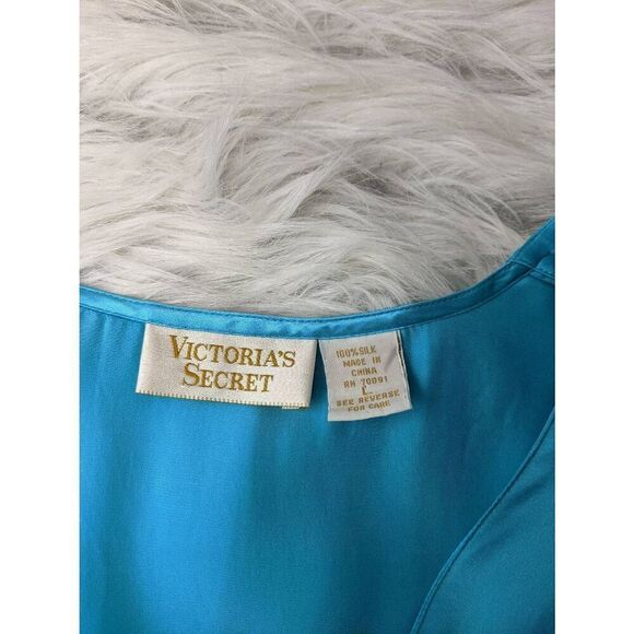 Victorias Secret Gold Label Sz L 100% Silk Button Night Shirt Gown Blue Vintage - Picture 6 of 8